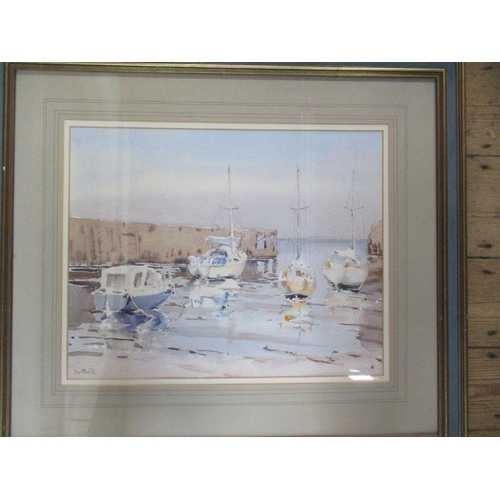 96 - Berthold Dunne, three watercolours, Reflections Bray Harbour, 15ins x 19ins, Low Tide Bray Harbour, ... 