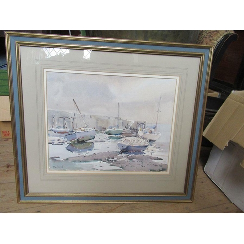 96 - Berthold Dunne, three watercolours, Reflections Bray Harbour, 15ins x 19ins, Low Tide Bray Harbour, ... 