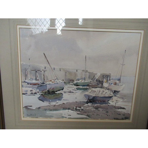 96 - Berthold Dunne, three watercolours, Reflections Bray Harbour, 15ins x 19ins, Low Tide Bray Harbour, ... 