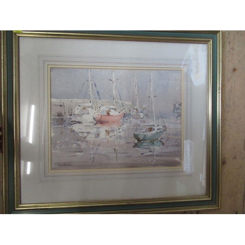 96 - Berthold Dunne, three watercolours, Reflections Bray Harbour, 15ins x 19ins, Low Tide Bray Harbour, ... 