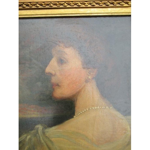 148 - A 19th century oil on canvas, portrait, of a lady with a pearl necklace, 19ins x 16ins