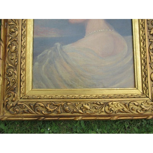 148 - A 19th century oil on canvas, portrait, of a lady with a pearl necklace, 19ins x 16ins