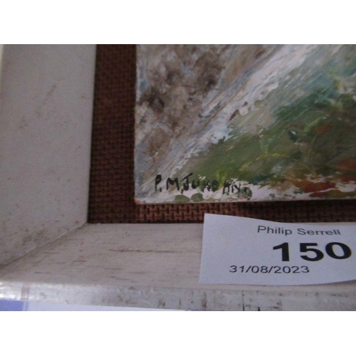 150 - P.M.Jordan, oil on board, abstract landscape, label to reverse Malcolm Jordan, A Mountain walk in Wi... 