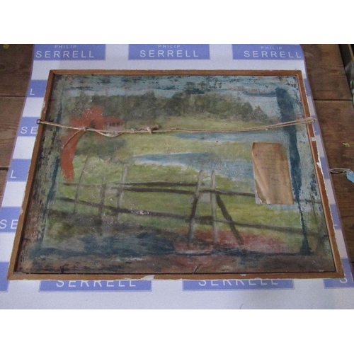 150 - P.M.Jordan, oil on board, abstract landscape, label to reverse Malcolm Jordan, A Mountain walk in Wi... 