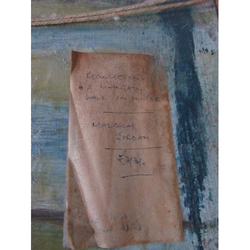 150 - P.M.Jordan, oil on board, abstract landscape, label to reverse Malcolm Jordan, A Mountain walk in Wi... 