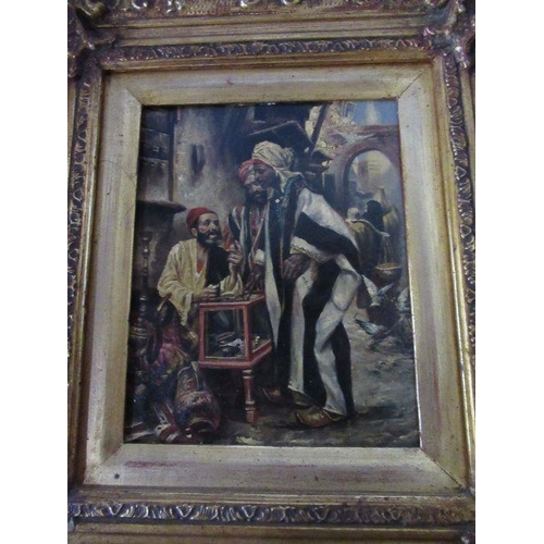 151 - An board possible oil/oleograph, Middle Eastern street scene, 10ins x 8ins, with ornate gilt frame