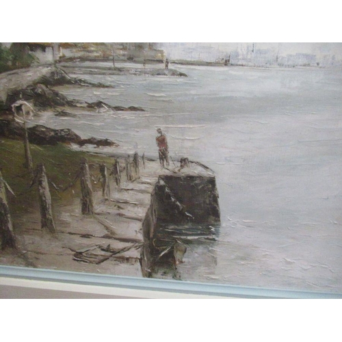 218A - An oil on canvas, harbour scene with figure, 17ins x 35ins