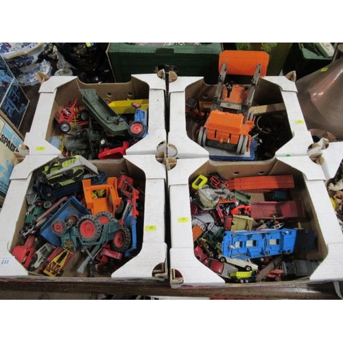 233 - Five boxes of model toys, vehicles, animals etc to include Triang, Corgi, Dinky, Brittains etc