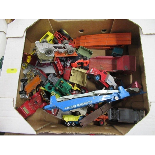 233 - Five boxes of model toys, vehicles, animals etc to include Triang, Corgi, Dinky, Brittains etc