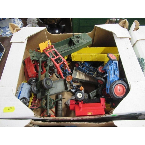 233 - Five boxes of model toys, vehicles, animals etc to include Triang, Corgi, Dinky, Brittains etc