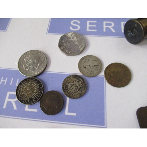 257 - A First Aid tin and contents, including Douglas Combined protractor and rule, coins, pewter box with... 