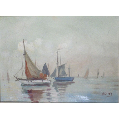 305 - Aris, two oil on canvas, boats on water, 15ins x 11ins