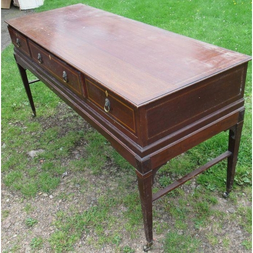 46 - A mahogany sidetable, fitted with three frieze drawers, converted from a square piano, width 64.75in... 