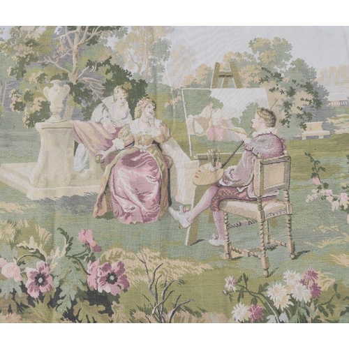 84 - A machine made wall hanging, of figures in a garden, 54ins x 104ins