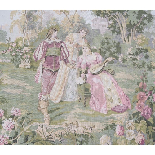 84 - A machine made wall hanging, of figures in a garden, 54ins x 104ins