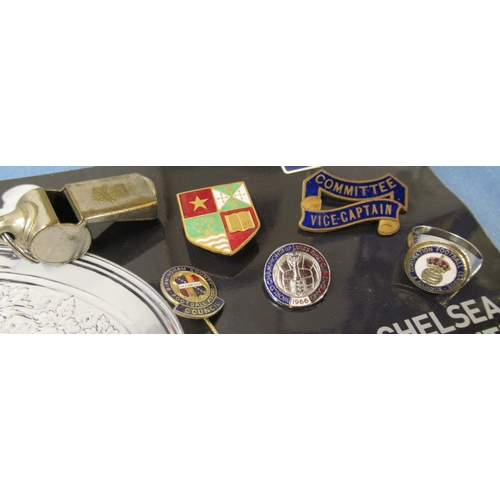 315 - A collection of football memorabilia, to include medals, badges, ring, stop watch, Chelsea v Manches... 