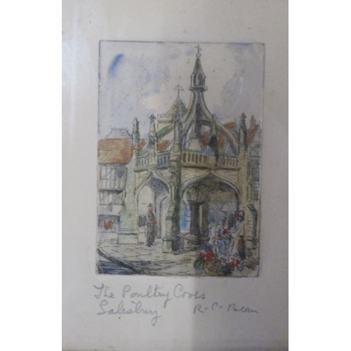 101 - R C Bean, three coloured engravings, views of Salisbury, 5.5ins x 4ins and 4.25ins x 5.25ins