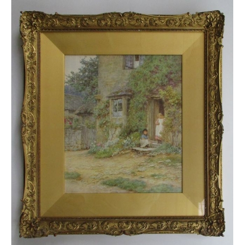 121 - Helen Allingham, watercolour. At the Cottage Door, Whittington, Glos, children outside a cottage, si... 