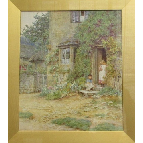 121 - Helen Allingham, watercolour. At the Cottage Door, Whittington, Glos, children outside a cottage, si... 