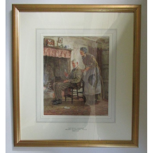 123 - Helen Allingham, watercolour, The Boys' Likeness, old couple seated by a fire, signed, 12ins x 10ins