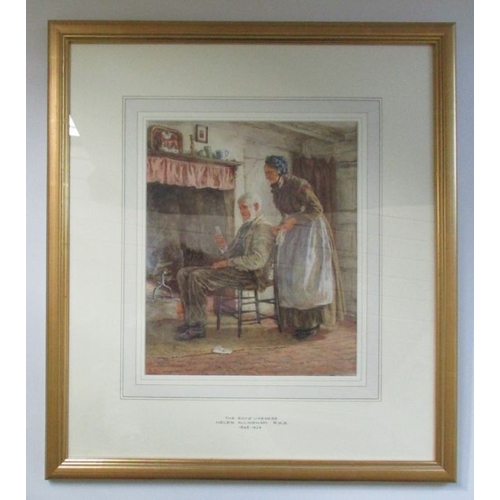 123 - Helen Allingham, watercolour, The Boys' Likeness, old couple seated by a fire, signed, 12ins x 10ins