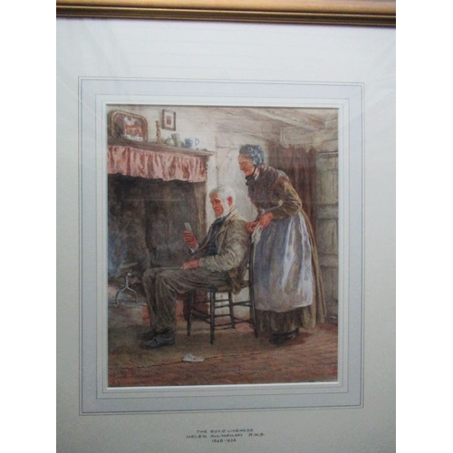 123 - Helen Allingham, watercolour, The Boys' Likeness, old couple seated by a fire, signed, 12ins x 10ins