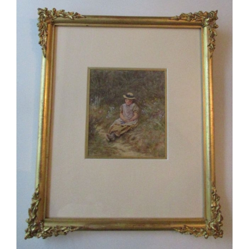 124 - Helen Allingham, watercolour, young girl resting on a pathway, signed, 5.75ins x 4.75ins