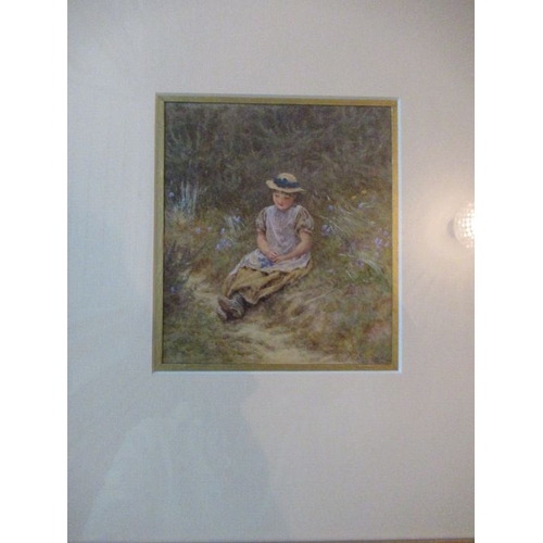 124 - Helen Allingham, watercolour, young girl resting on a pathway, signed, 5.75ins x 4.75ins