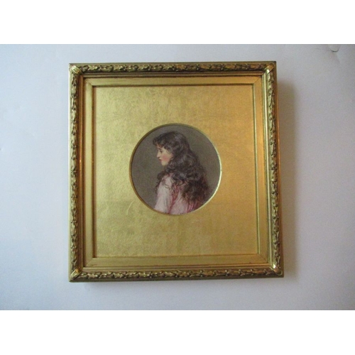 125 - Helen Allingham, circular watercolour, Lucy, portrait of a young girl, signed, diameter 4.25ins, in ... 