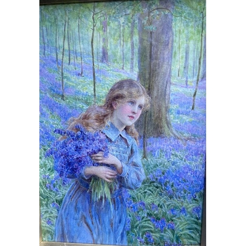 126 - Beatrice Parsons, watercolour, girl carrying bluebells in a wood, 8ins x 5.5ins