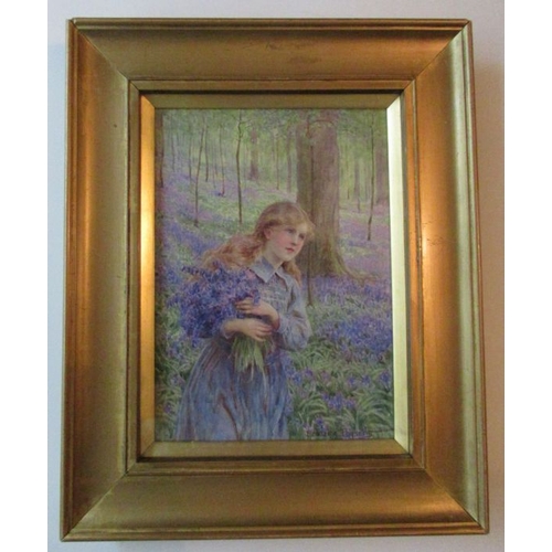 126 - Beatrice Parsons, watercolour, girl carrying bluebells in a wood, 8ins x 5.5ins