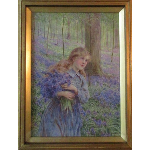 126 - Beatrice Parsons, watercolour, girl carrying bluebells in a wood, 8ins x 5.5ins