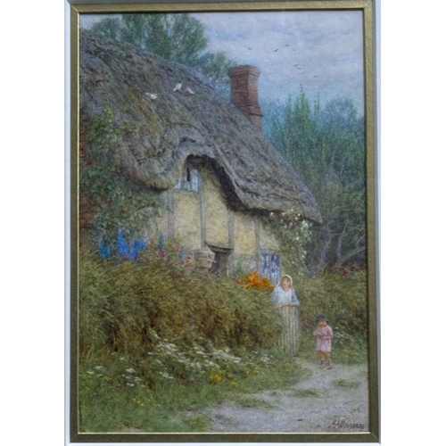 127 - Helen Allingham, watercolour, A Wiltshire Cottage, children outside a thatched cottage, signed, 9.25... 