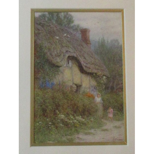 127 - Helen Allingham, watercolour, A Wiltshire Cottage, children outside a thatched cottage, signed, 9.25... 