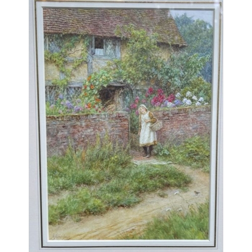 128 - Helen Allingham, watercolour, At Sandhills, girl with basket outside cottage, signed, 10ins x 7.5ins... 