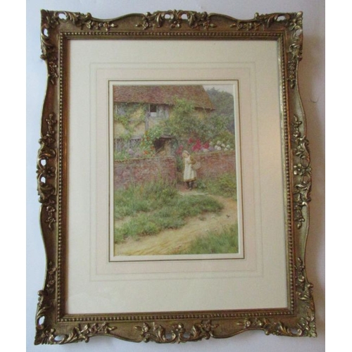 128 - Helen Allingham, watercolour, At Sandhills, girl with basket outside cottage, signed, 10ins x 7.5ins... 