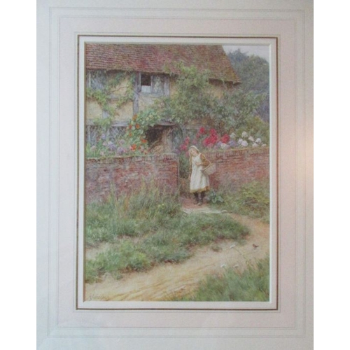 128 - Helen Allingham, watercolour, At Sandhills, girl with basket outside cottage, signed, 10ins x 7.5ins... 