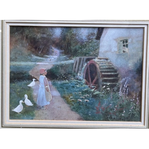 129 - Thomas Mackay, watercolour, Music of the Wheel, young girl with ducks by a watermill, signed, 9ins x... 