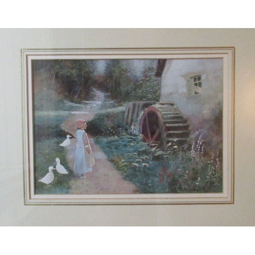 129 - Thomas Mackay, watercolour, Music of the Wheel, young girl with ducks by a watermill, signed, 9ins x... 