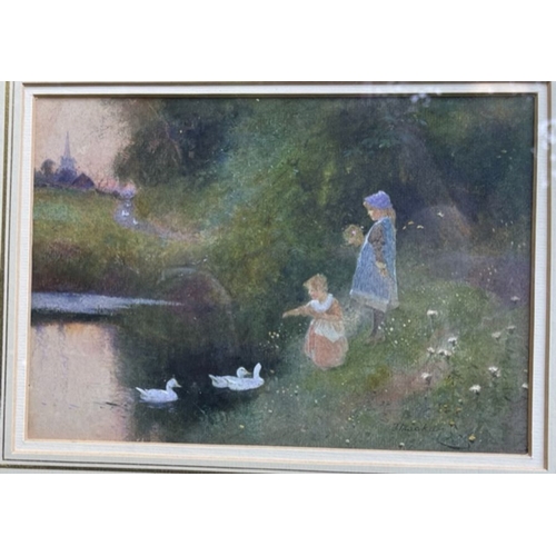 130 - Thomas Mackay, watercolour, feeding ducks, signed, 6.25ins x 9ins