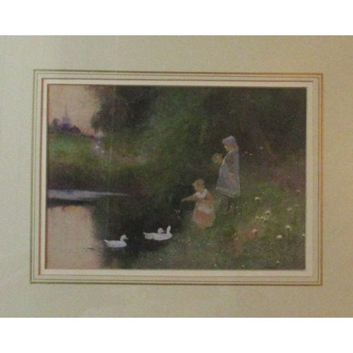 130 - Thomas Mackay, watercolour, feeding ducks, signed, 6.25ins x 9ins