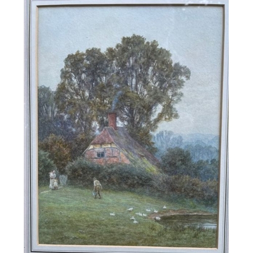 139 - Helen Allingham, watercolour, Cottage with figures and ducks, signed, 11.5ins x  9.5ins