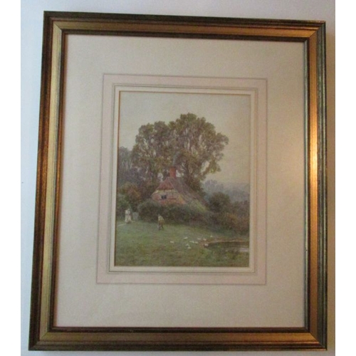 139 - Helen Allingham, watercolour, Cottage with figures and ducks, signed, 11.5ins x  9.5ins