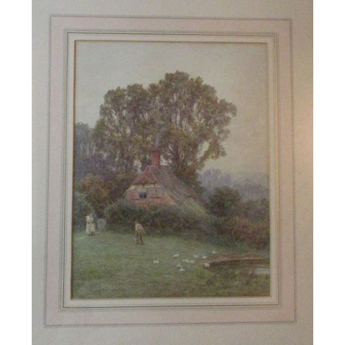 139 - Helen Allingham, watercolour, Cottage with figures and ducks, signed, 11.5ins x  9.5ins