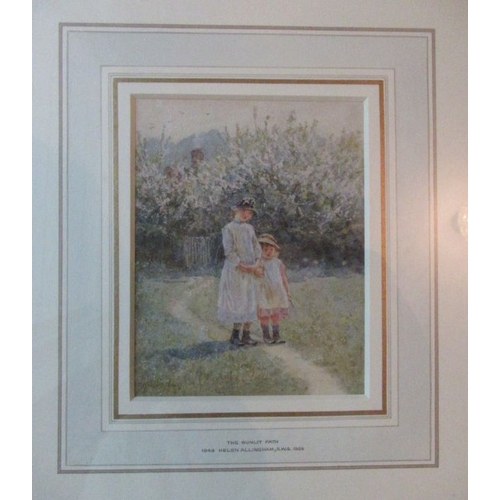 140 - Helen Allingham, watercolour, The Sunlit Path, with two young girls, signed, 5.5ins x 4.5ins