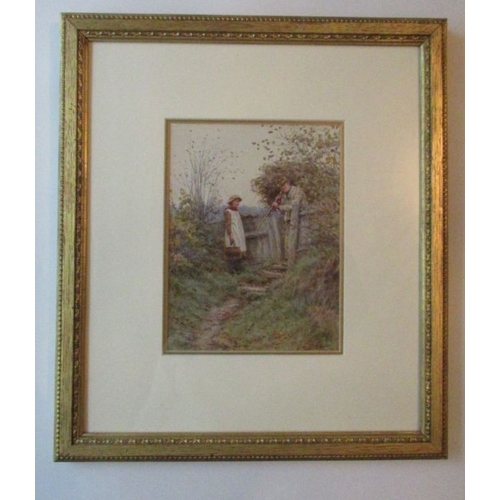 141 - Helen Allingham, watercolour, Coming Through, young girl and man by a gate, signed, 8.25ins x 6.25in... 