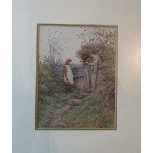 141 - Helen Allingham, watercolour, Coming Through, young girl and man by a gate, signed, 8.25ins x 6.25in... 