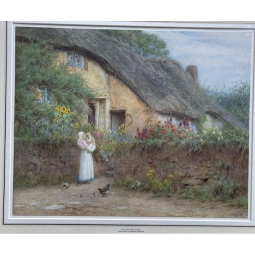 142 - Helen Allingham, watercolour, Old cottages at Paignton Devon, signed and inscribed, 15.25ins x 19ins