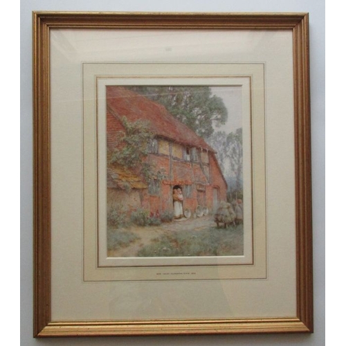 143 - Helen Allingham, watercolour, cottage scene with mother and child, signed, 9ins x 7.25ins