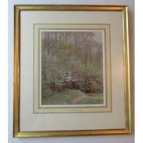 148 - Helen Allingham, watercolour, Tig Bridge, children standing on a bridge, signed, 11ins x 9.25ins Ple... 